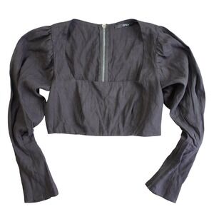 Womens Black Long Sleeve Crop Top Small Black Linen‎ Puff Sleeve Square Neck Zip
